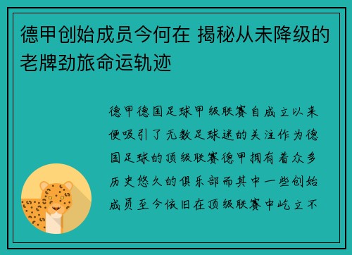 德甲创始成员今何在 揭秘从未降级的老牌劲旅命运轨迹